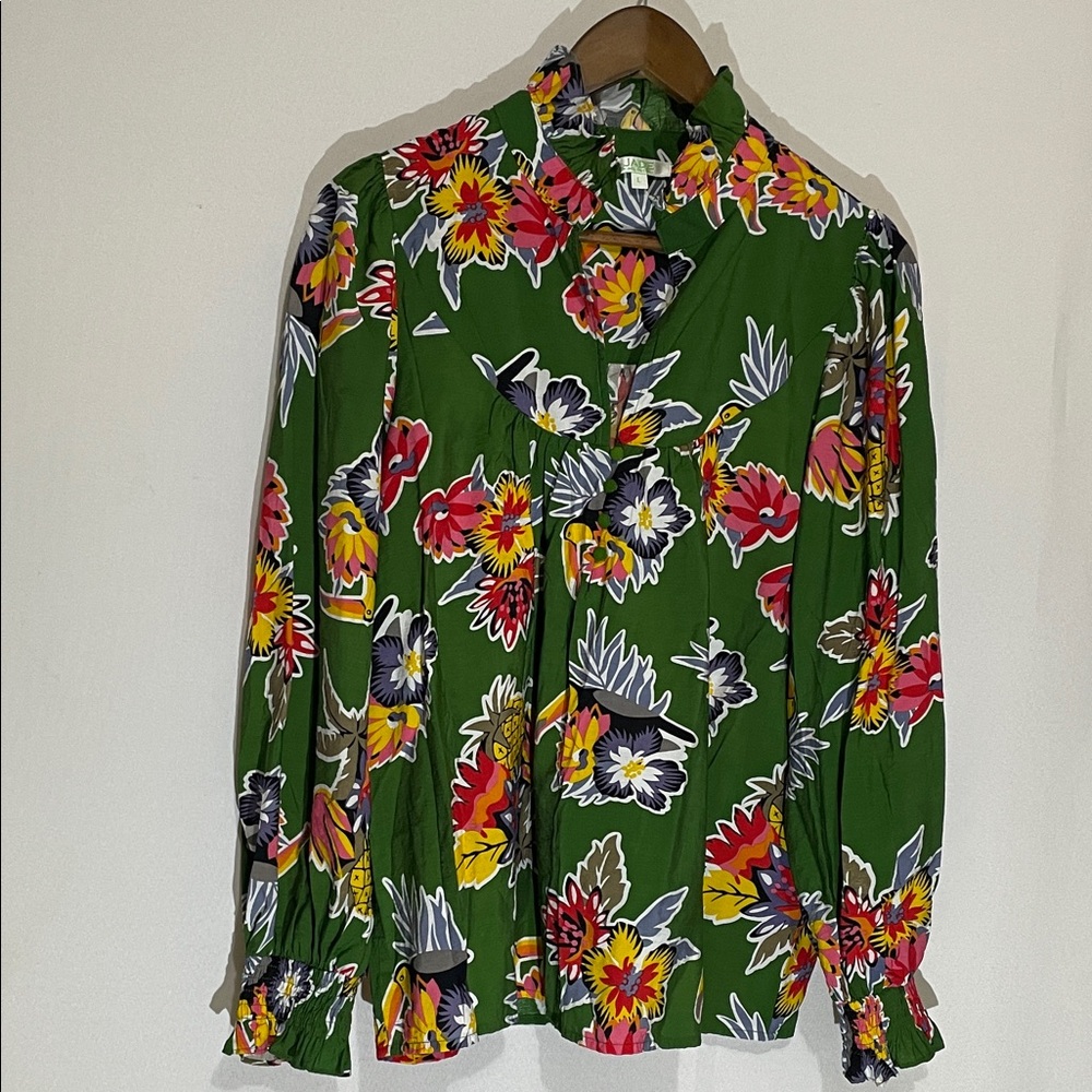 Jade Green Floral Mock Neck Long Sleeve Blouse Large